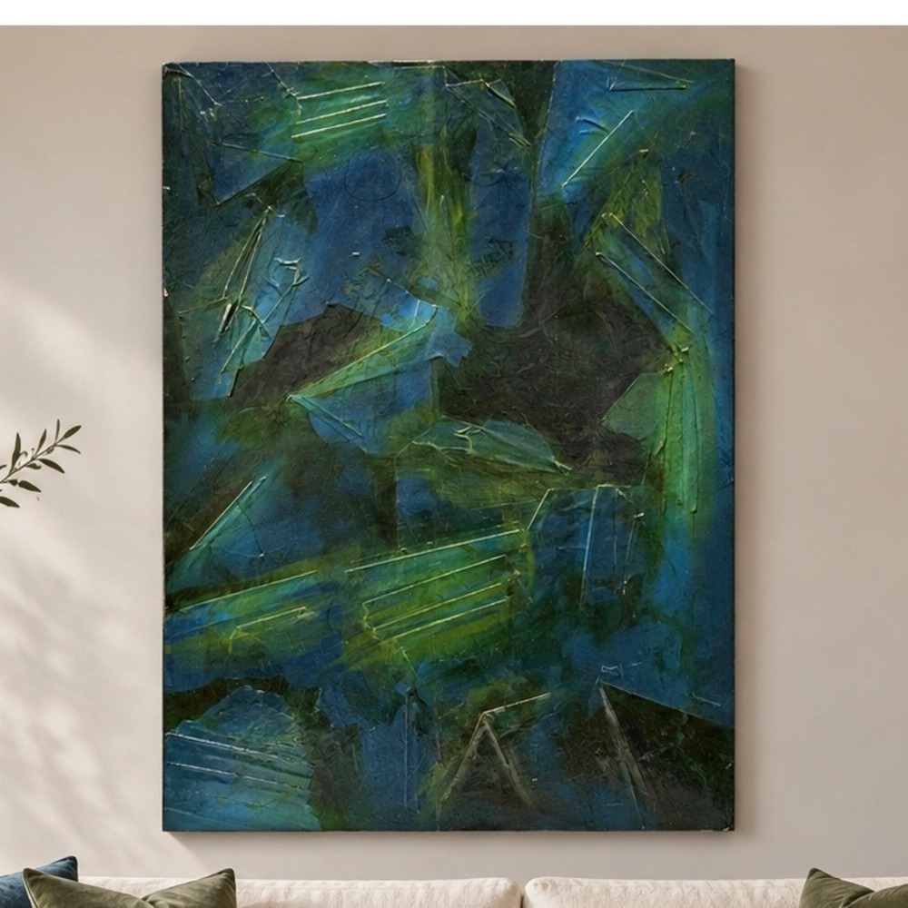 Large Original Abstract Oil Painting Blue Green Textured Wall Art 43x31